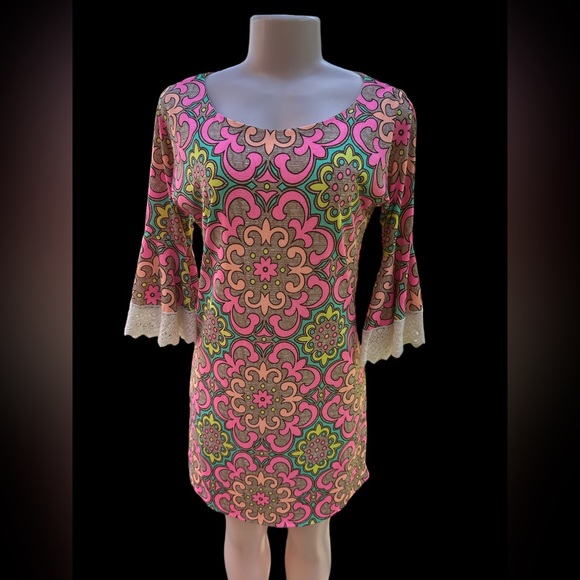 Judith March Womens Dress Size small Neon print Lined Bell Sleeves Anthropologie - Picture 1 of 4